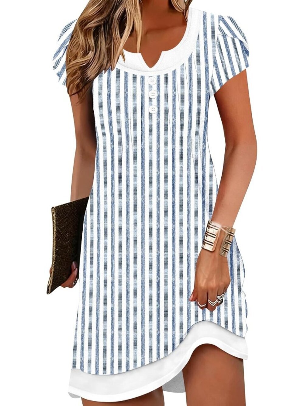 Women's Striped Blue Dress Cover Up V Neck Button Casual Swimwear 2026 Sundress